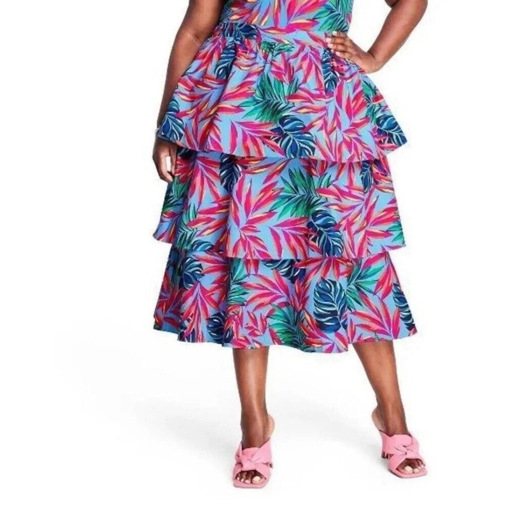 Tabitha Brown Target Skirt Women Midi Blue Tropical Cotton Tiered Sz 3X Plus NWT